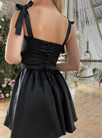 💃 A-line Shoulder-Tie Short Satin Hoco Dress With Corset Bodice AA1606