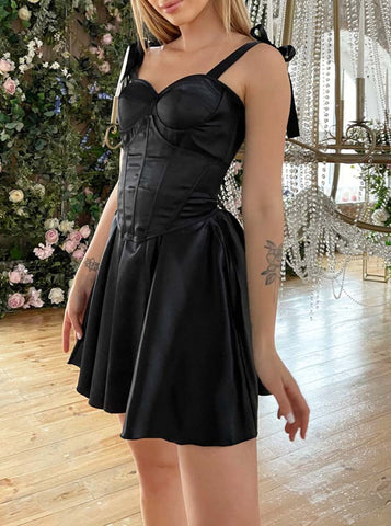 💃 A-line Shoulder-Tie Short Satin Hoco Dress With Corset Bodice AA1606