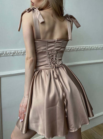 💃 A-line Shoulder-Tie Short Satin Hoco Dress With Corset Bodice AA1606