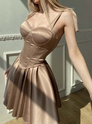 💃 A-line Shoulder-Tie Short Satin Hoco Dress With Corset Bodice AA1606