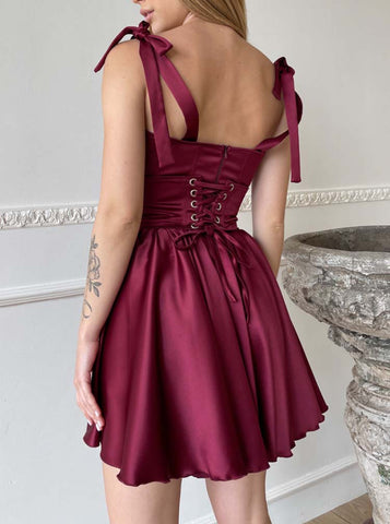 💃 A-line Shoulder-Tie Short Satin Hoco Dress With Corset Bodice AA1606