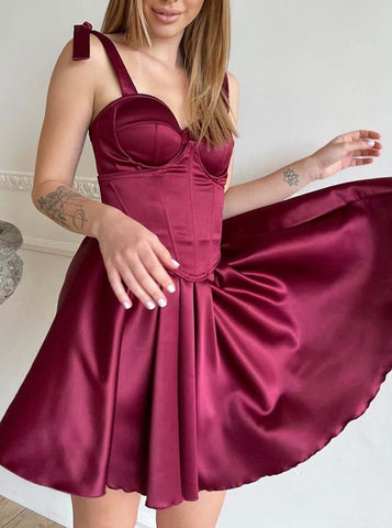 💃 A-line Shoulder-Tie Short Satin Hoco Dress With Corset Bodice AA1606
