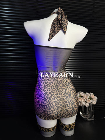 "Love at First Sight" Leopard Sheer Halter Dress Set - BB1906