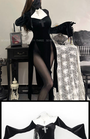 🔥 M-375 High Slit Nun Cosplay Dress – Sexy Cutout Off-Shoulder Lingerie Outfit for Roleplay, Halloween, Photoshoots & Costume Nights