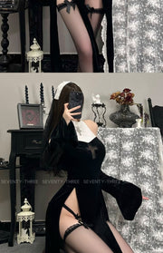 🔥 M-375 High Slit Nun Cosplay Dress – Sexy Cutout Off-Shoulder Lingerie Outfit for Roleplay, Halloween, Photoshoots & Costume Nights