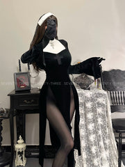 🔥 M-375 High Slit Nun Cosplay Dress – Sexy Cutout Off-Shoulder Lingerie Outfit for Roleplay, Halloween, Photoshoots & Costume Nights