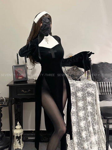 🔥 M-375 High Slit Nun Cosplay Dress – Sexy Cutout Off-Shoulder Lingerie Outfit for Roleplay, Halloween, Photoshoots & Costume Nights