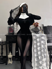 🔥 M-375 High Slit Nun Cosplay Dress – Sexy Cutout Off-Shoulder Lingerie Outfit for Roleplay, Halloween, Photoshoots & Costume Nights