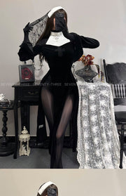 🔥 M-375 High Slit Nun Cosplay Dress – Sexy Cutout Off-Shoulder Lingerie Outfit for Roleplay, Halloween, Photoshoots & Costume Nights