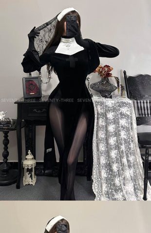 🔥 M-375 High Slit Nun Cosplay Dress – Sexy Cutout Off-Shoulder Lingerie Outfit for Roleplay, Halloween, Photoshoots & Costume Nights